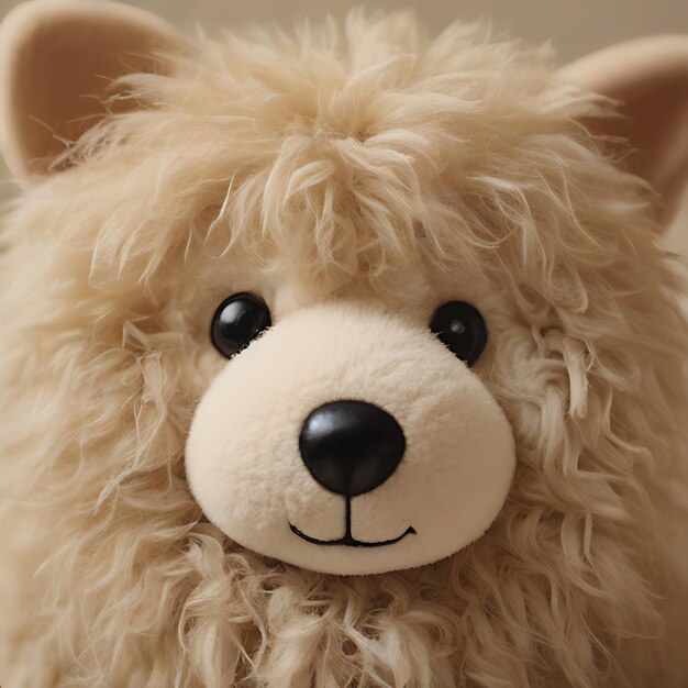 a stuffed animal with a black nose and a white tag on the front