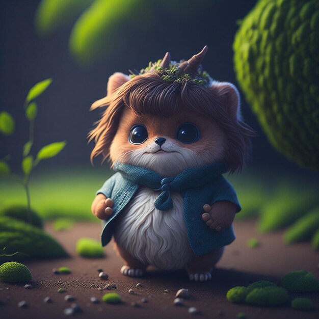 A stuffed animal with a green crown and blue eyes is standing in a forest.