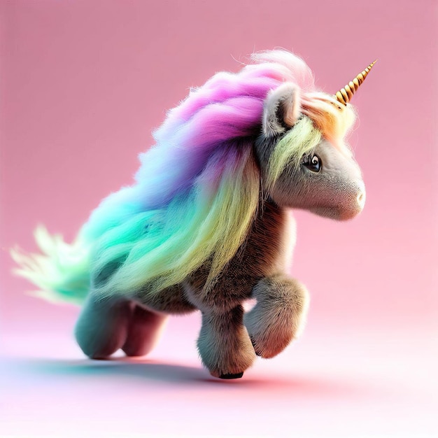 A stuffed animal with a rainbow mane and the word unicorn on it