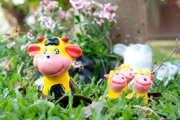 Stuffed animals in the lawn