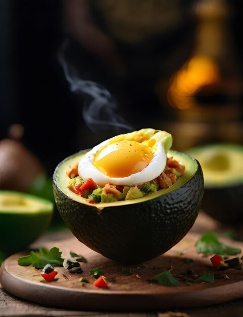 Photo stuffed_avocado_with_chicken_meat_with_a_whole_egg