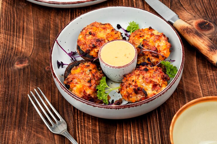 Photo stuffed baked mushroom on a wooden background