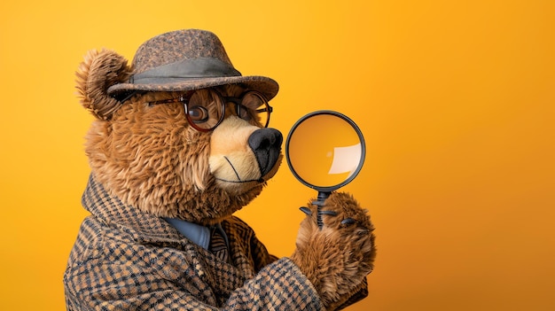 Foto un orso di peluche che indossa occhiali da giacca di tweed e un cappello di tweed marrone tiene una lente d'ingrandimento al suo occhio