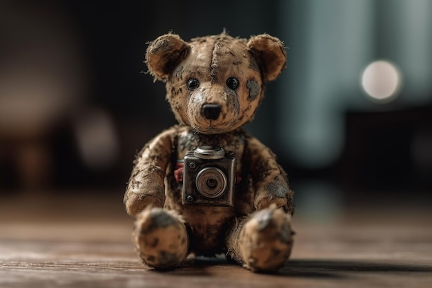 A stuffed bear with a camera on it