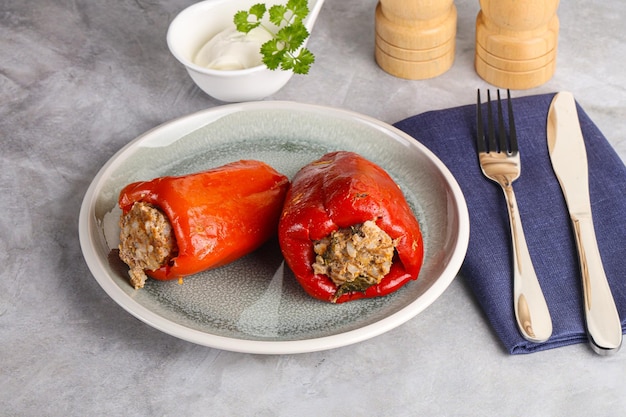 Photo stuffed bell pepper with minced meat and rice