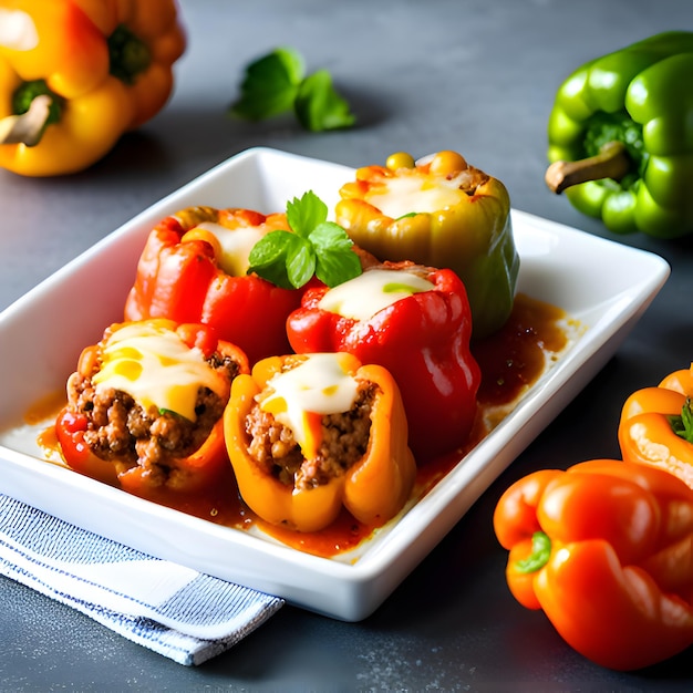 Stuffed bell peppers filled with tender ground beef flavorful rice and melted cheese baked to per