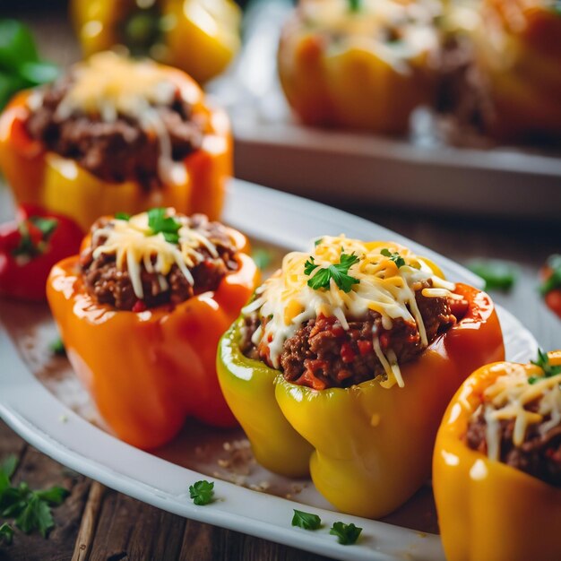 Stuffed bell peppers filled with tender ground beef flavorful rice and melted cheese baked to per