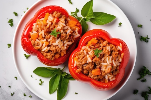 Stuffed Bell Peppers With Ground Beef And Rice On White Plate Generative AI