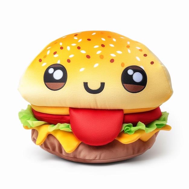 A stuffed burger with a smiley face is on a white background.