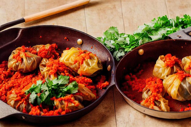 Stuffed cabbage rolls with minced meat on large dark plate