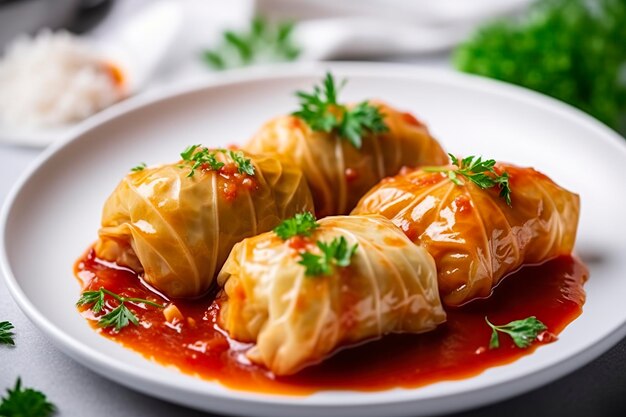 Stuffed cabbage with rice on a white table