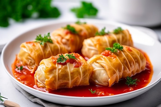 Stuffed cabbage with rice on a white table