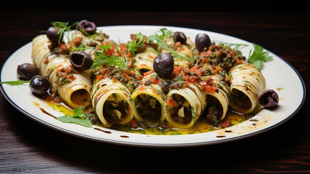 Stuffed calamari with artichokes and olives top view