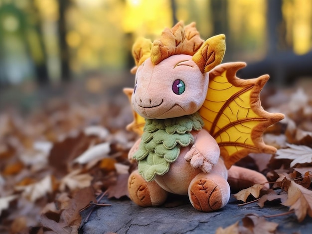 Photo a stuffed dragon sits on a rock in the woods.