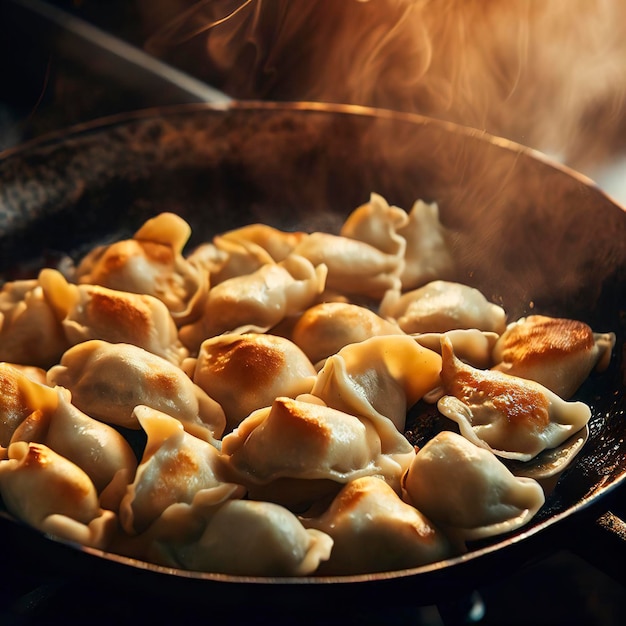 Stuffed dumplings fried in a pan Delicious traditional dish