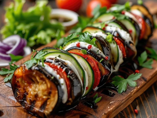 Stuffed Eggplant Rolls with Cream Cheese Grilled Aubergine with Cucumbers Tomatoes and Lettuce