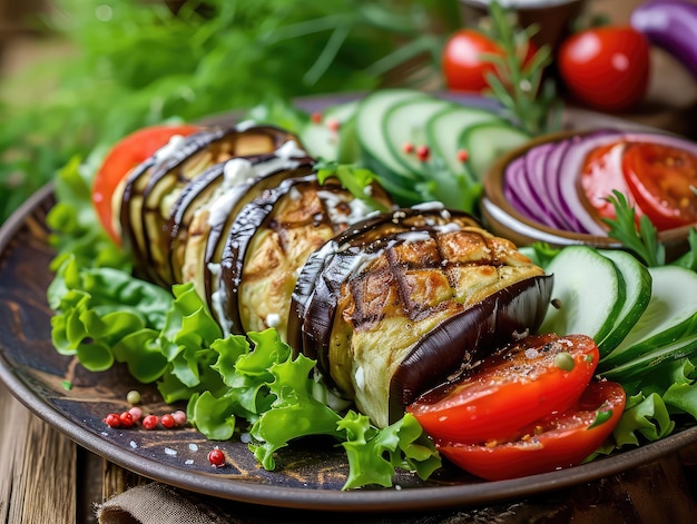 Stuffed Eggplant Rolls with Cream Cheese Grilled Aubergine with Cucumbers Tomatoes and Lettuce