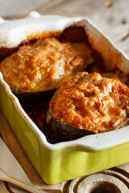 Stuffed eggplant with cheese meat and tomatoes