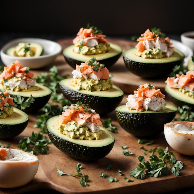 Stuffed eggs with avocado and salmon