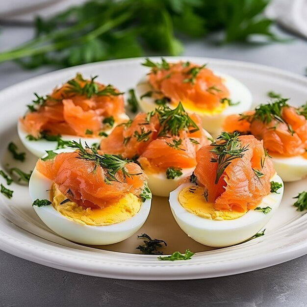 Foto uova ripiene di salmone il piatto