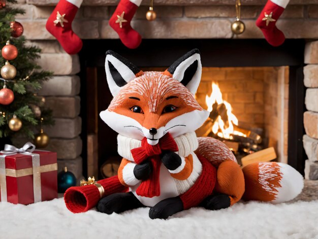 A Stuffed Fox Sitting In Front Of A Christmas Tree