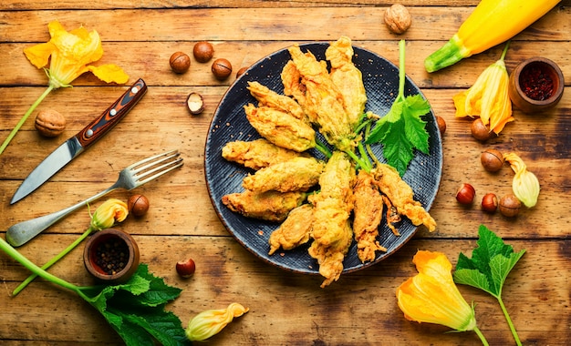 Stuffed fried zucchini flowers,top view