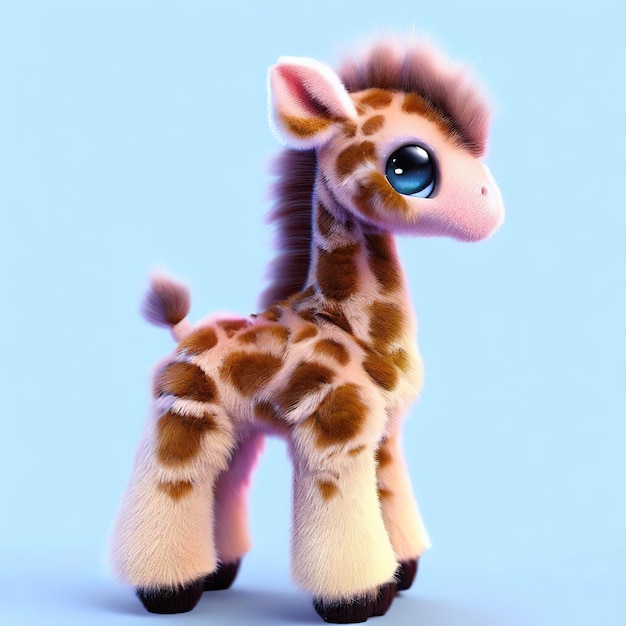 A stuffed giraffe with blue eyes and a pink background.