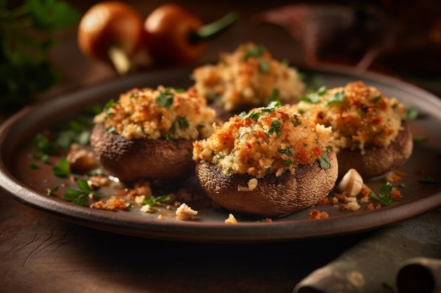 Stuffed mushrooms on a plate with a napkin and a knife on the side.