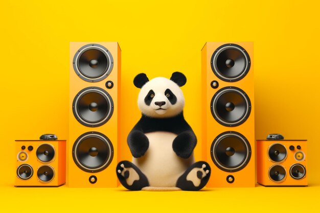 Stuffed panda bear sitting on top of table next to some speakers generative ai