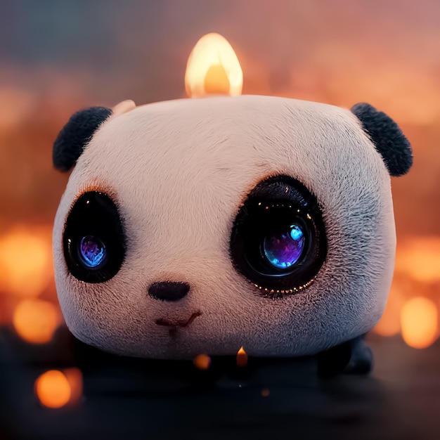 Мягкая игрушка панда с зажженной свечой на заднем плане.