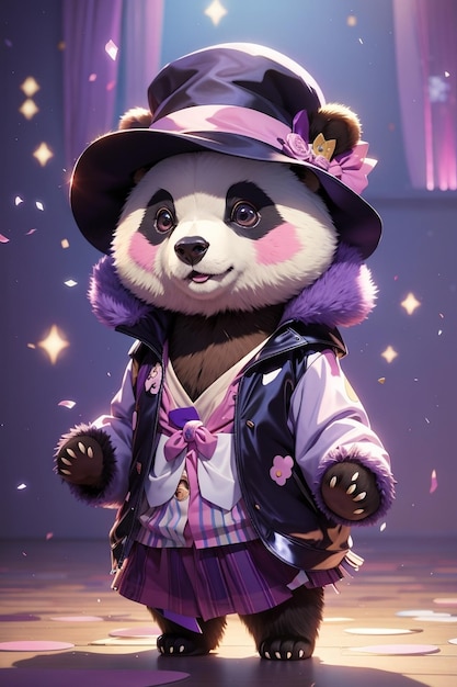 a stuffed panda wearing a purple hat and purple outfit with a purple hat.