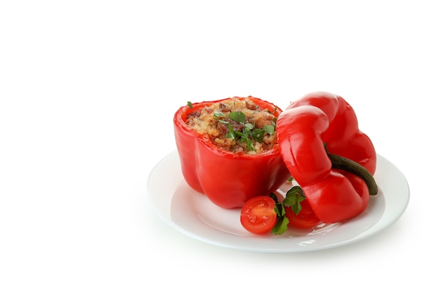 Stuffed pepper in plate isolated on white background