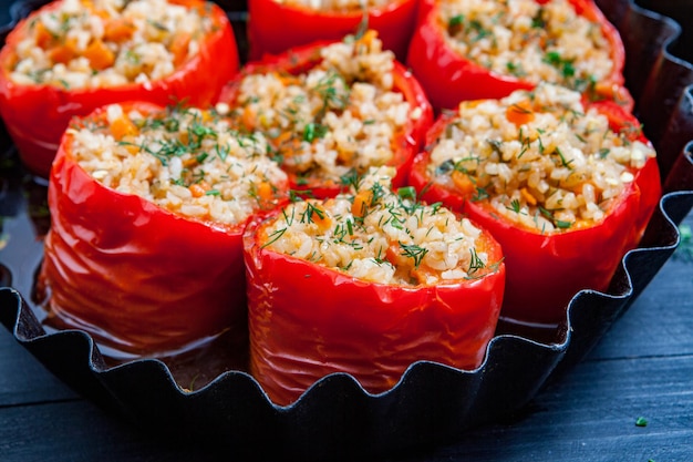 Stuffed pepper or stewed pepper with rice and minced meat.