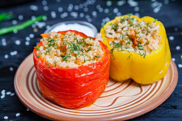 Photo stuffed pepper or stewed pepper with rice and minced meat.