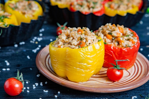 Stuffed pepper or stewed pepper with rice and minced meat.