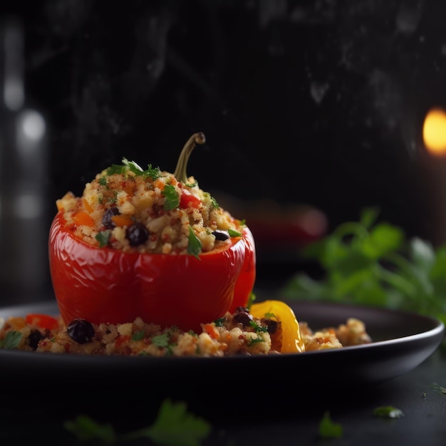 Stuffed peppers with bulgur and vegetables on a black background