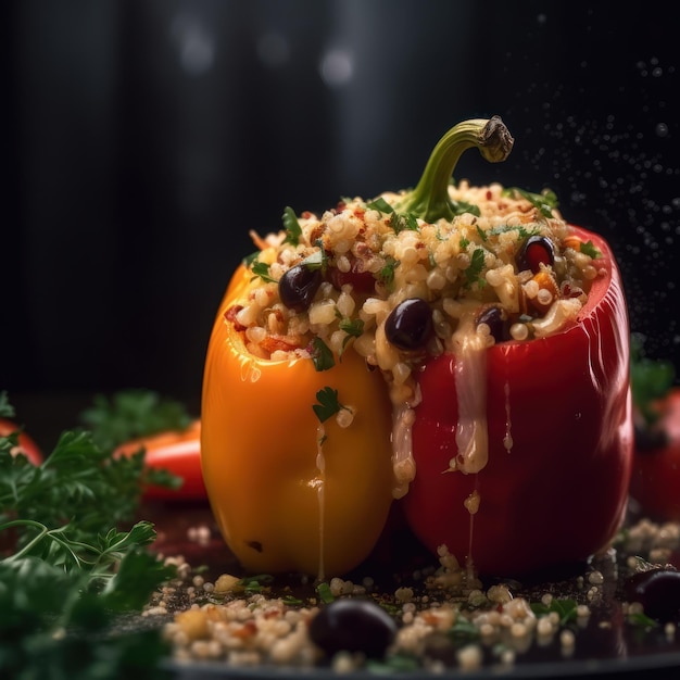 Stuffed peppers with bulgur and vegetables on a black background