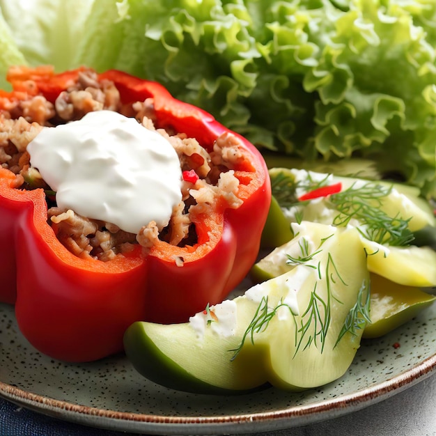 Stuffed peppers with fresh vegetable salad with yogurt on a plate