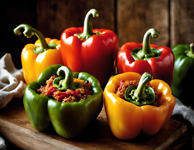 Stuffed peppers with meat rice and vegetables on a wooden background