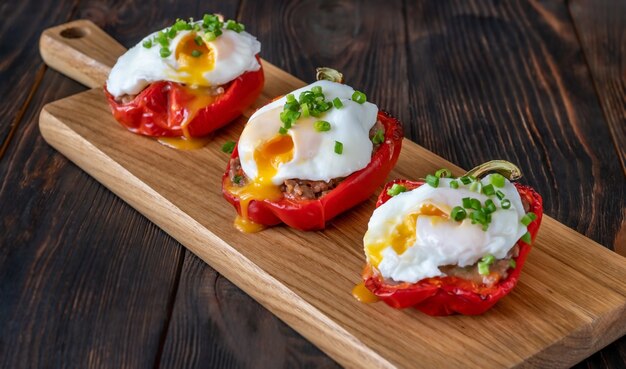 Stuffed peppers with mince meat topped with poached eggs