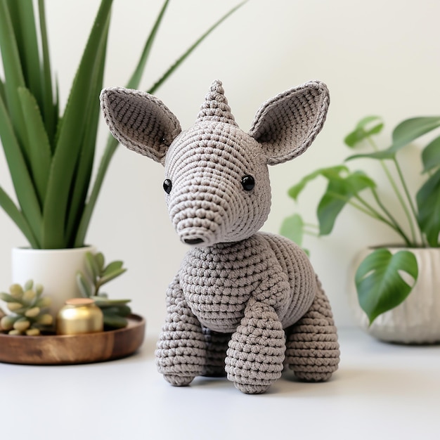 a stuffed pig is sitting on a table next to a plant.