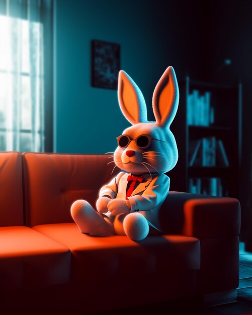 A stuffed rabbit sits on a couch in a dark room with a blue light behind him