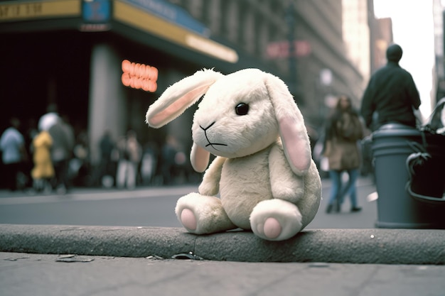 A stuffed rabbit sits on the curb in front of a coffee shop.