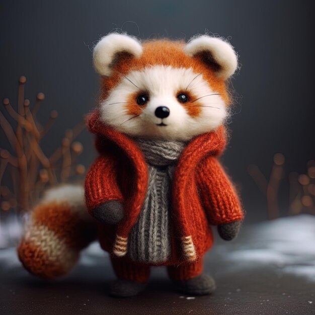 a stuffed raccoon has a coat on it