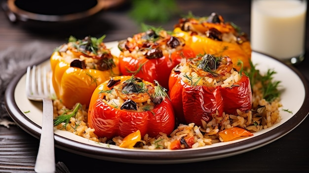 Stuffed roasted peppers with rice and mushrooms