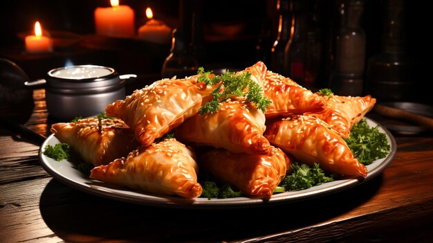 Stuffed samosas on rustic wood plate ready to eat