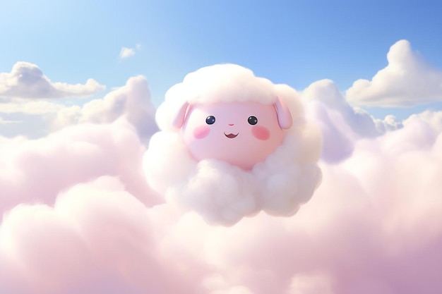 a stuffed sheep is flying in the clouds