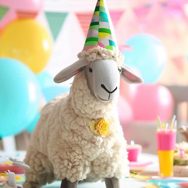 A stuffed sheep with a party hat on is on a table.