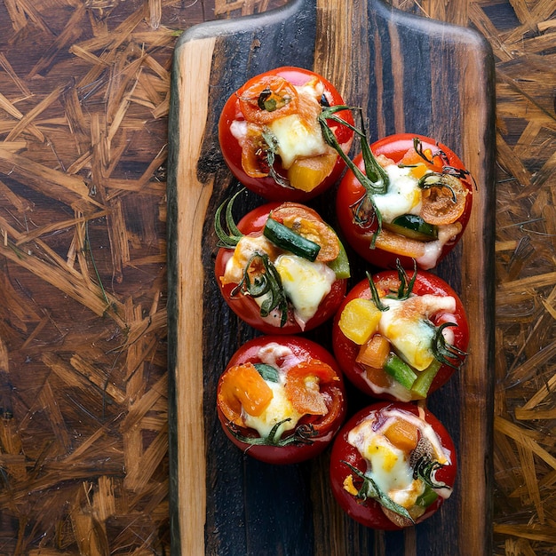 Stuffed tomatoes with cheese and different vegetables on a wooden background