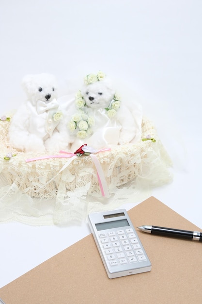 Photo stuffed toys and calculator on white background